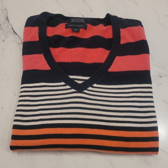 Tommy Hilfiger Pima Cotton Striped V-Neck Sweater Size M - Picture 8 of 8